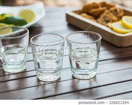Three vodka shots on wooden table with a plate of snacks in the background, cozy and inviting scene. 128021264
