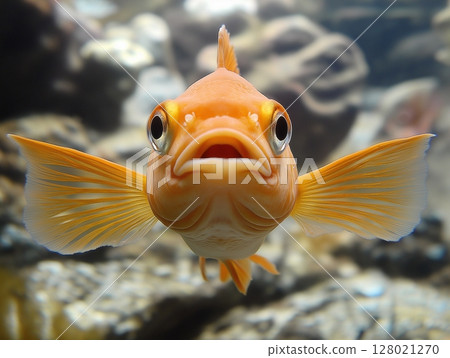 Beautiful aquarium fish swimming gracefully in clear water, close-up, tropical and colorful. 128021270