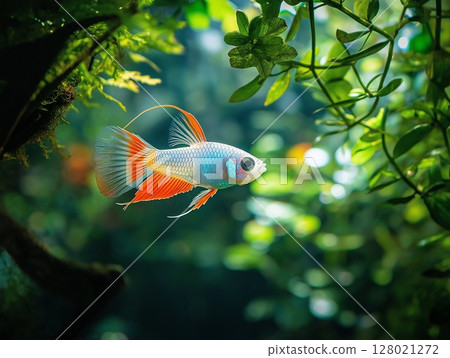 Beautiful aquarium fish swimming gracefully in clear water, close-up, tropical and colorful. 128021272