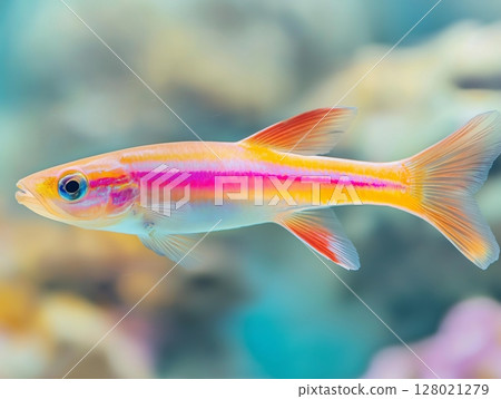 Beautiful aquarium fish swimming gracefully in clear water, close-up, tropical and colorful. 128021279