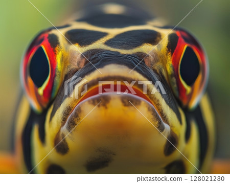 Beautiful aquarium fish swimming gracefully in clear water, close-up, tropical and colorful. 128021280