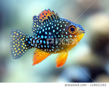 Beautiful aquarium fish swimming gracefully in clear water, close-up, tropical and colorful. 128021281