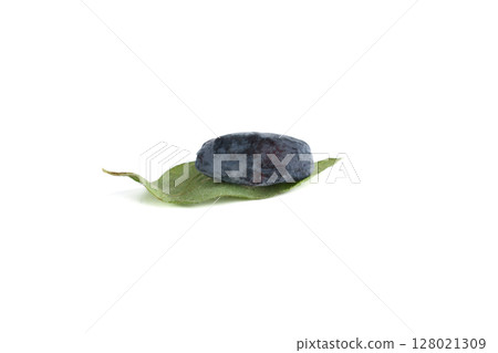 Ripe honeysuckle berry on honeysuckle leaf and over white background. Ripe honeysuckle berry on honeysuckle leaf and over white background. 128021309