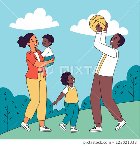 The family spends time together outside image. Flat style. Vector illustration 128021338
