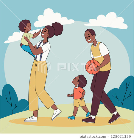 The family spends time together outside image. Flat style. Vector illustration 128021339