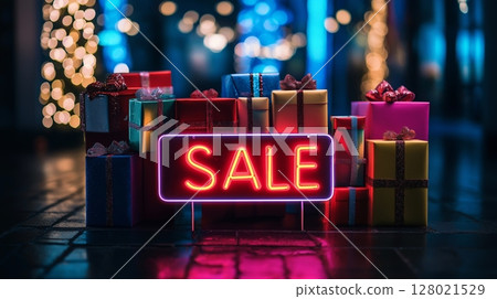 Neon sale sign glowing brightly amidst a generous heap of gifts 128021529