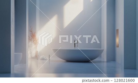 Modern minimalist bathroom with a freestanding bathtub, ideal for home decor design. Modern minimalist bathroom with a freestanding bathtub, ideal for home decor design. 128021600