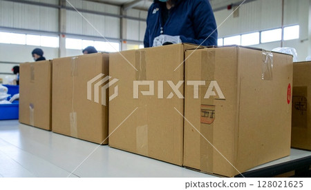 People sorting supplies at an evacuation shelter 128021625