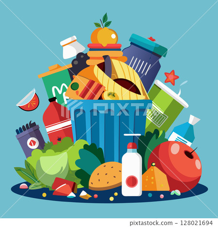 A garbage can full of food waste image. Cartoon style. Vector illustration. 128021694
