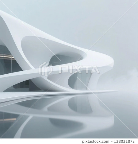 未來主義的白色弧形建築及其在水面上的倒影 128021872