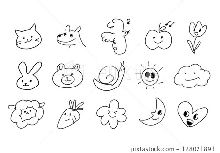 一組可愛的手繪動物和自然圖標線條畫 一組可愛的手繪動物和自然圖標線條畫 128021891