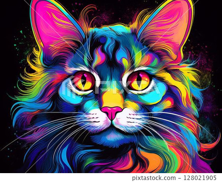Cat portrait painted in neon colors in pop art style Cat portrait painted in neon colors in pop art style 128021905