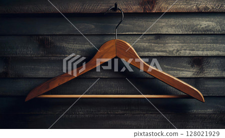 木質衣架與深色木質牆面背景素材 / 經典且高品質的室內設計視覺效果 128021929