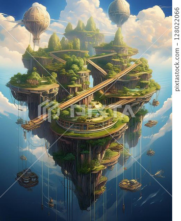 Huge islands floating in the sky, connected by bridges 128022066