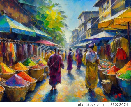 Crowded bazaar_Colorful clothes_Smell of spices from the stalls_Sound of horns_Bustling market 128022074