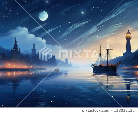 A port town shrouded in a quiet mist. Ships float in the sky, and lighthouses shine with starlight. 128022123