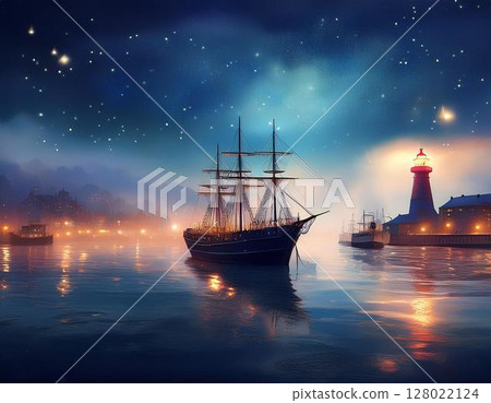A port town shrouded in a quiet mist. Ships float in the sky, and lighthouses shine with starlight. 128022124