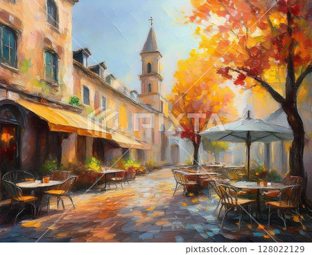 石頭教堂、咖啡館露台、藝術壁畫、落葉覆蓋的街道、歷史建築 128022129