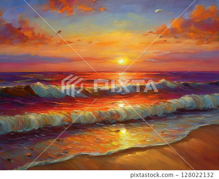 紅色的天空、溫柔的海浪、海上的落日、金色的沙灘和閃閃發光的貝殼。 128022132