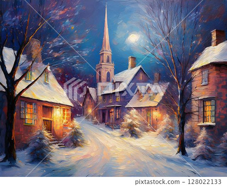 古樸的冬日村莊，屋頂覆蓋著積雪，溫暖的陽光透過窗戶照進來，樹上裝飾著秋葉 128022133