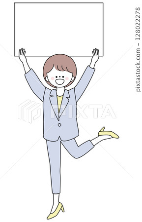 Illustration of a woman in a suit holding up a whiteboard 128022278