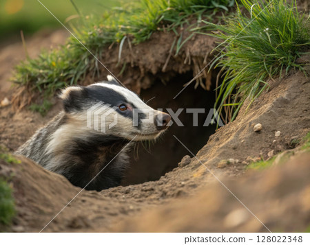A badger sits in its hole 128022348