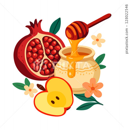 Rosh Hashanah. Jewish New Year. Pomegranate, apple and honey. Vector isolated illustration Rosh Hashanah. Jewish New Year. Pomegranate, apple and honey. Vector isolated illustration 128022546