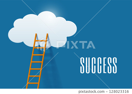 Success and progress concept with wooden ladder leading to white cloud vector Success and progress concept with wooden ladder leading to white cloud vector 128023316