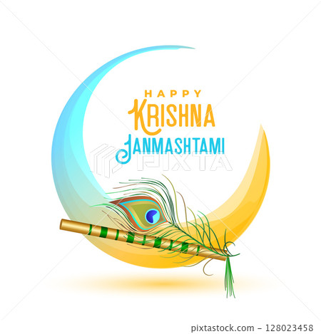 lovely janmastami festival wishes card with flute and peacock feather 128023458