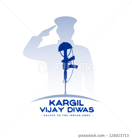 kargil vijay diwas patriotic background with saluting solider silhouette 128023713