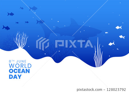 eco friendly world ocean day poster with blue seascape and aquatic life eco friendly world ocean day poster with blue seascape and aquatic life 128023792