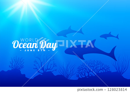 beautiful world ocean day background with blue seascape and aquatic life 128023814