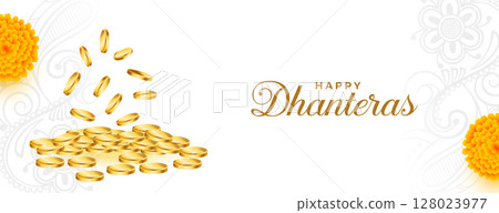 happy dhanteras greeting banner wit golden coin and flower design 128023977