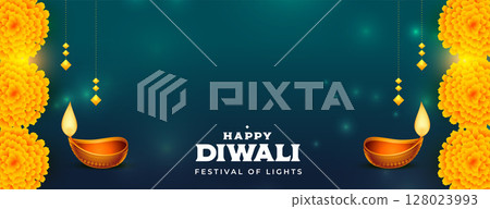 happy diwali occasion banner with oil lamp and floral design vector happy diwali occasion banner with oil lamp and floral design vector 128023993