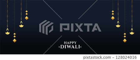 hindu religious happy diwali banner with hanging diya 128024016