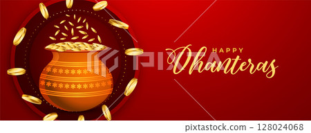 lovely happy dhanteras golden coin banner for wealth and prosperity 128024068