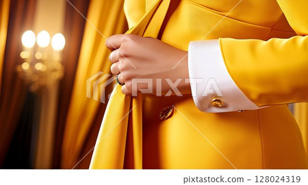 Woman adjusting yellow blazer closeup of elegant clothing detail 128024319