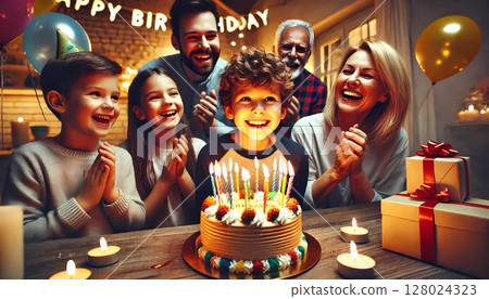 家庭慶祝男孩的生日生日蛋糕和男孩 128024323