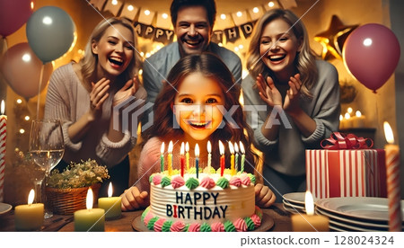 一個女孩和她的家人一起慶祝她的生日 生日蛋糕和女孩 128024324