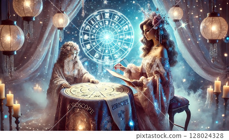 Mysterious fortune teller telling fortunes in a fortune telling parlor 128024328