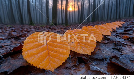 Autumn leaves row in forest at sunrise nature background 128024375