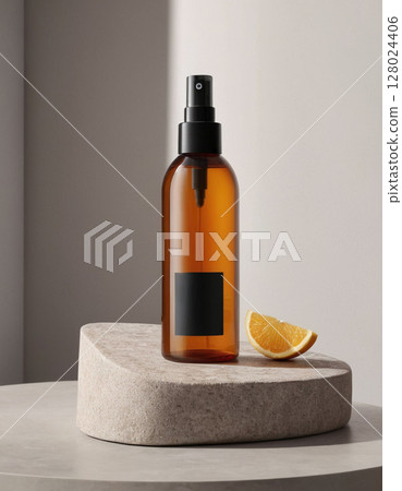 Amber Spray Bottle Mockup on a stone gray podium with lemon. Promotion of natural cosmetics. AI-generated image 128024406