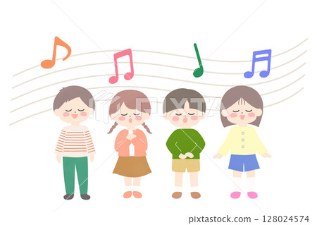 Full-body illustration of children singing happily 128024574