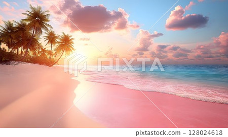 Tranquil sunrise beach scene pastel colors soft light peaceful mood 128024618