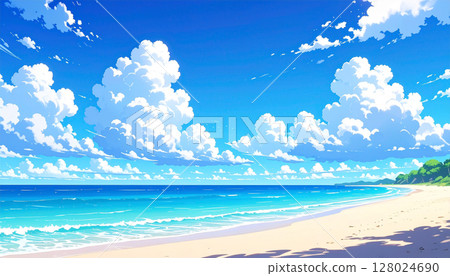 Blue sea and white sand beach anime style 128024690