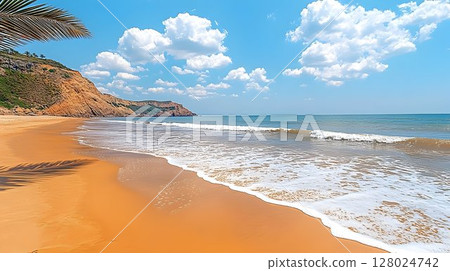 Serene beach vacation paradise soft blurred ocean and sky view 128024742