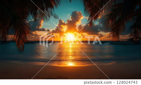 Vibrant sunset reflection water background peaceful abstract design 128024743