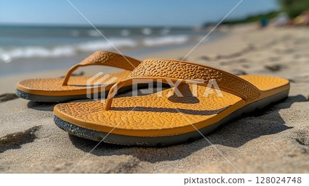 Golden sandals on sunny beach summer vacation footwear 128024748