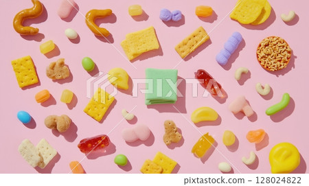 Colorful Assorted Snacks on Pink Background 128024822