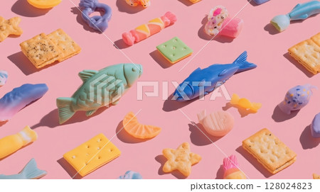 Colorful Fish-Shaped Snacks and Crackers on Pink Background 128024823